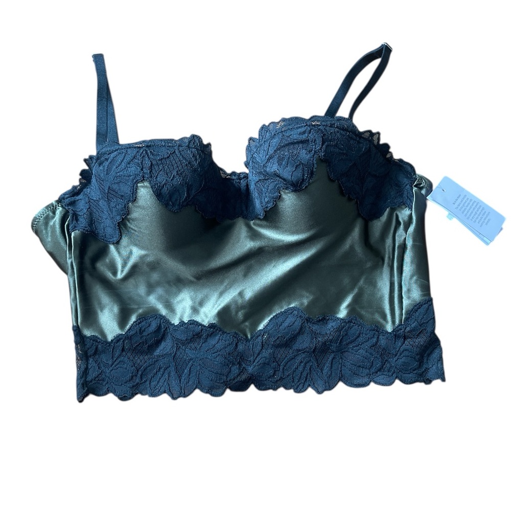 Elegant Lace Trim Satin Bralette - hunter green